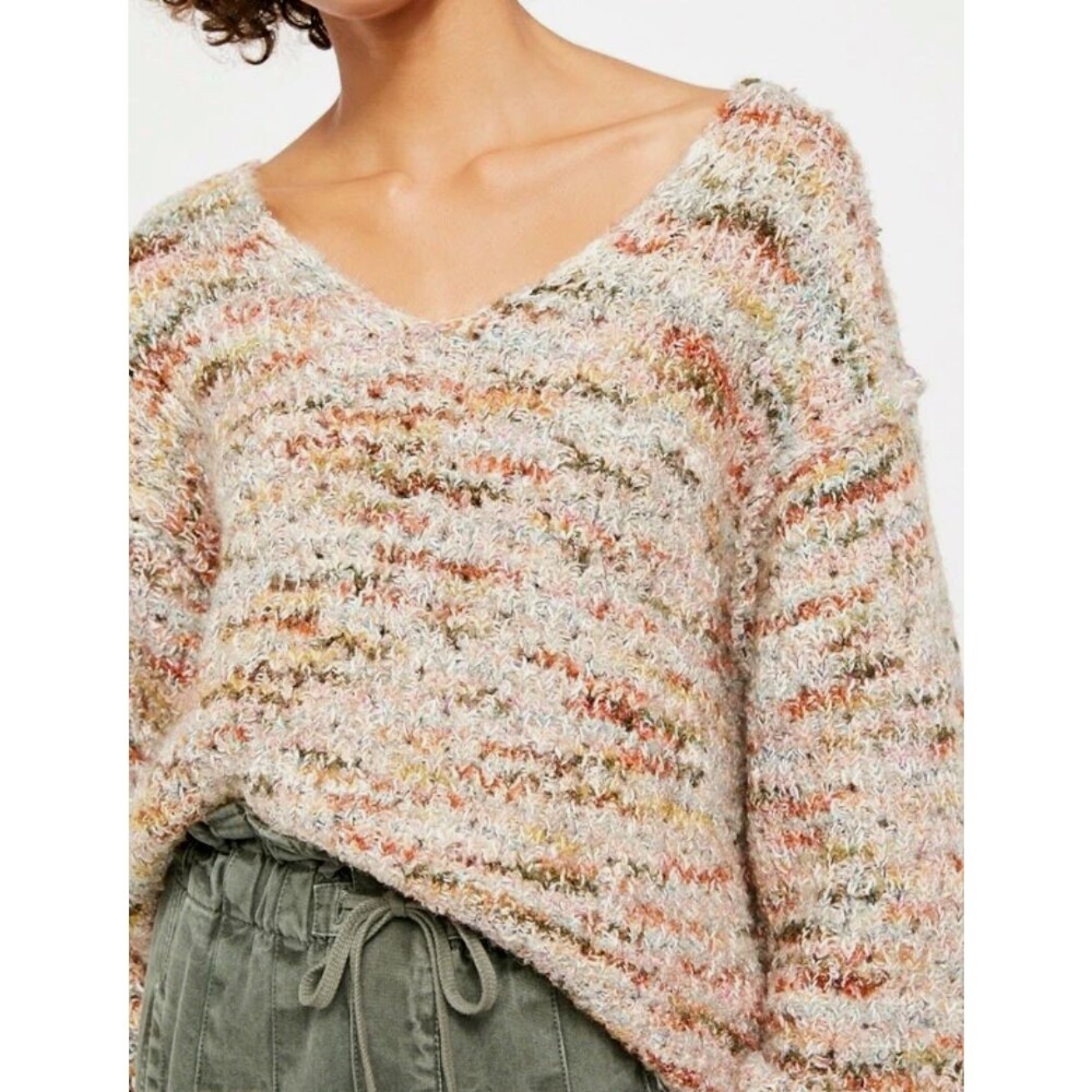 FREE PEOPLE | Highland V Neck Knit Oversized Sweater  Boho• Sz LARGE